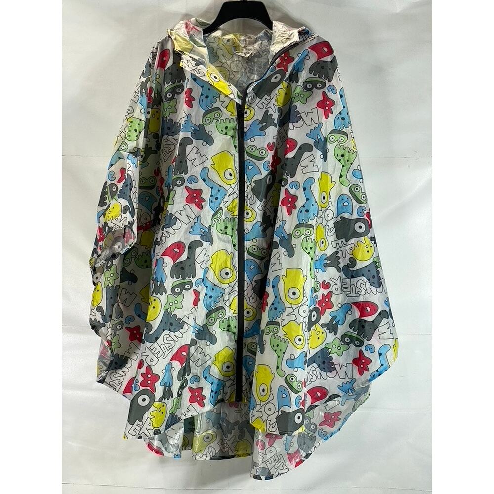 SAPHIROSE Unisex White Multicolor Monster Printed Zip-Up Hooded Rain Poncho SZXL